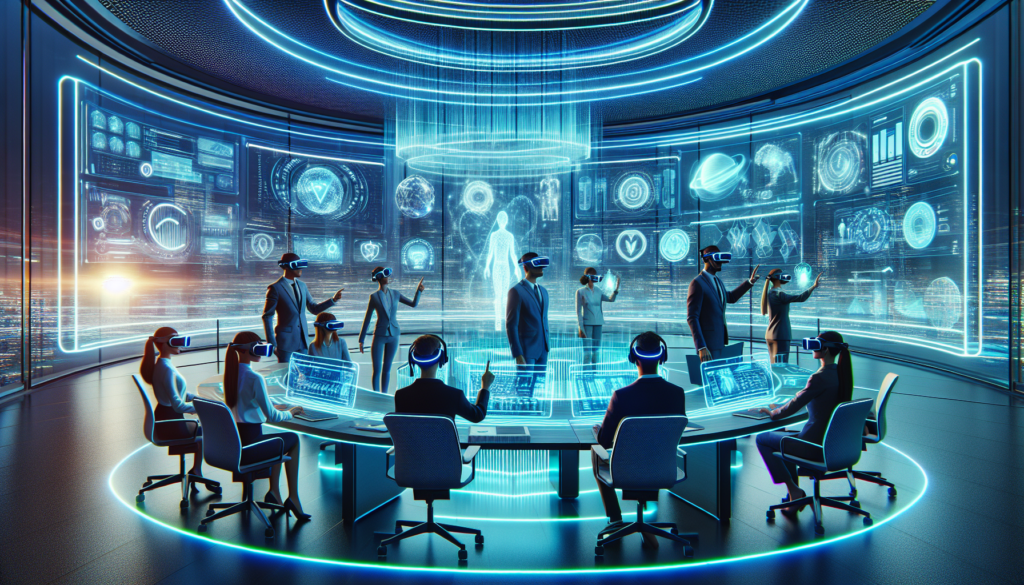 A-group-of-professionals-wearing-VR-headsets-engage-in-immersive-training-within-a-futuristic-high-tech-environment-featuring-holographic-displays-and-digital-interfaces-1024x585